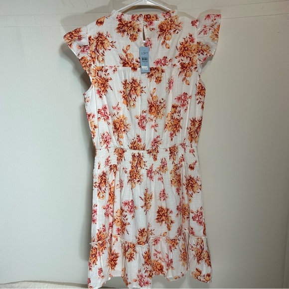 LOFT White Ruffle & Smocked Dress with Orange and Pink Floral Print Size SP - Picture 2 of 13
